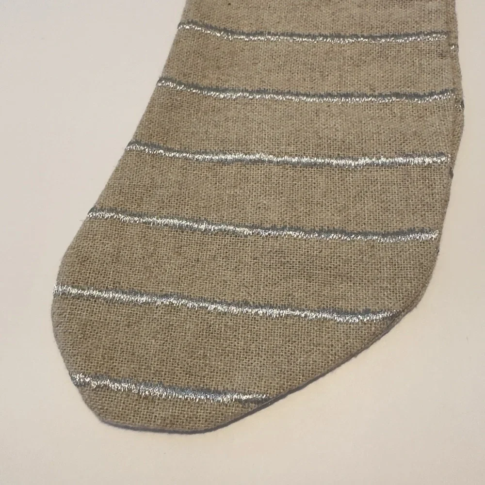 Set Of 2 Christmas‎ Stockings Tan Burlap? With Silver Embroidered Stripes